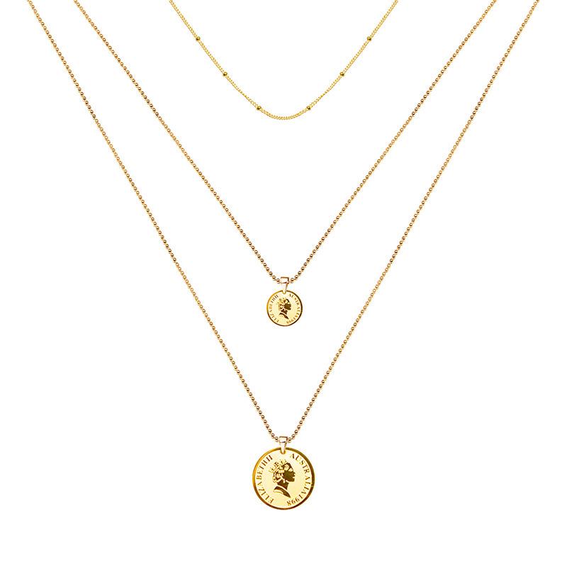 French Retro Style Portrait Beaded Necklace, 18K Gold-Plated Titanium Steel, P508