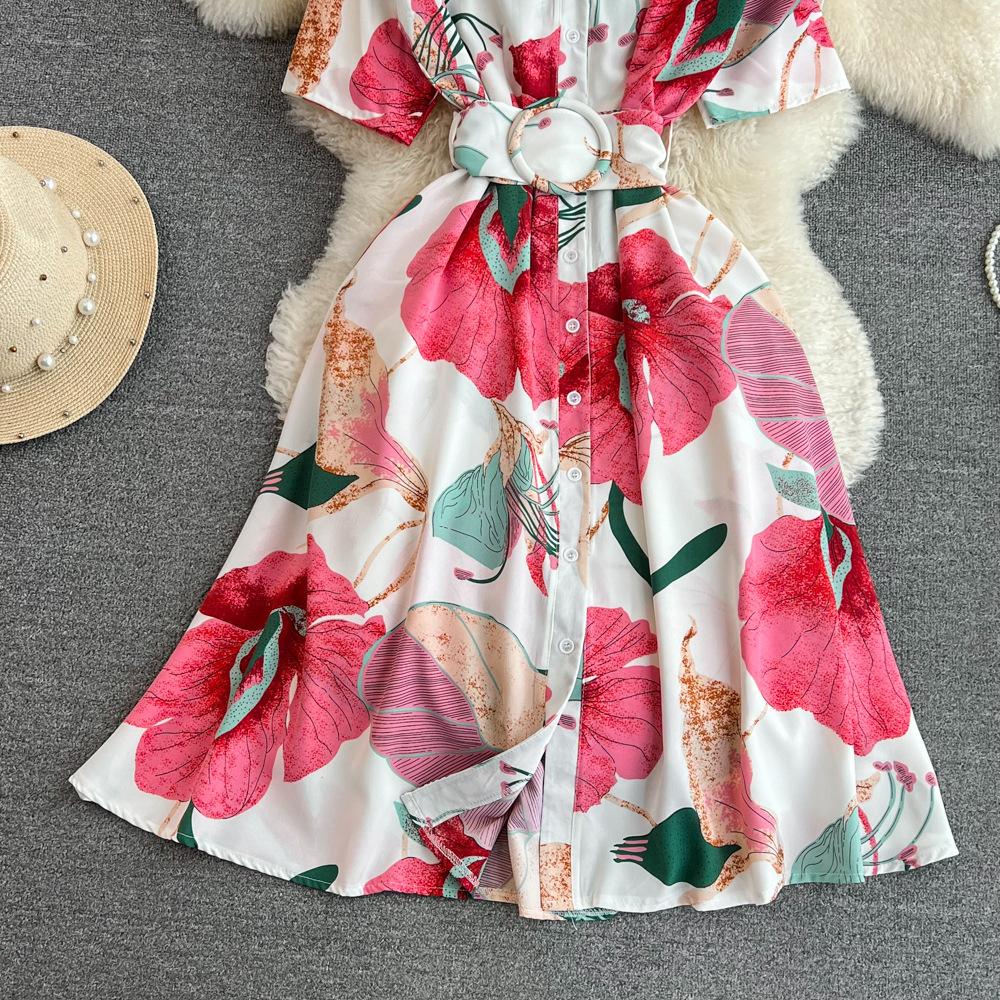 Kjole med blomstertrykk for kvinner A-linje Elegante vintage dame sommerkjoler med belte Casual Vestidos