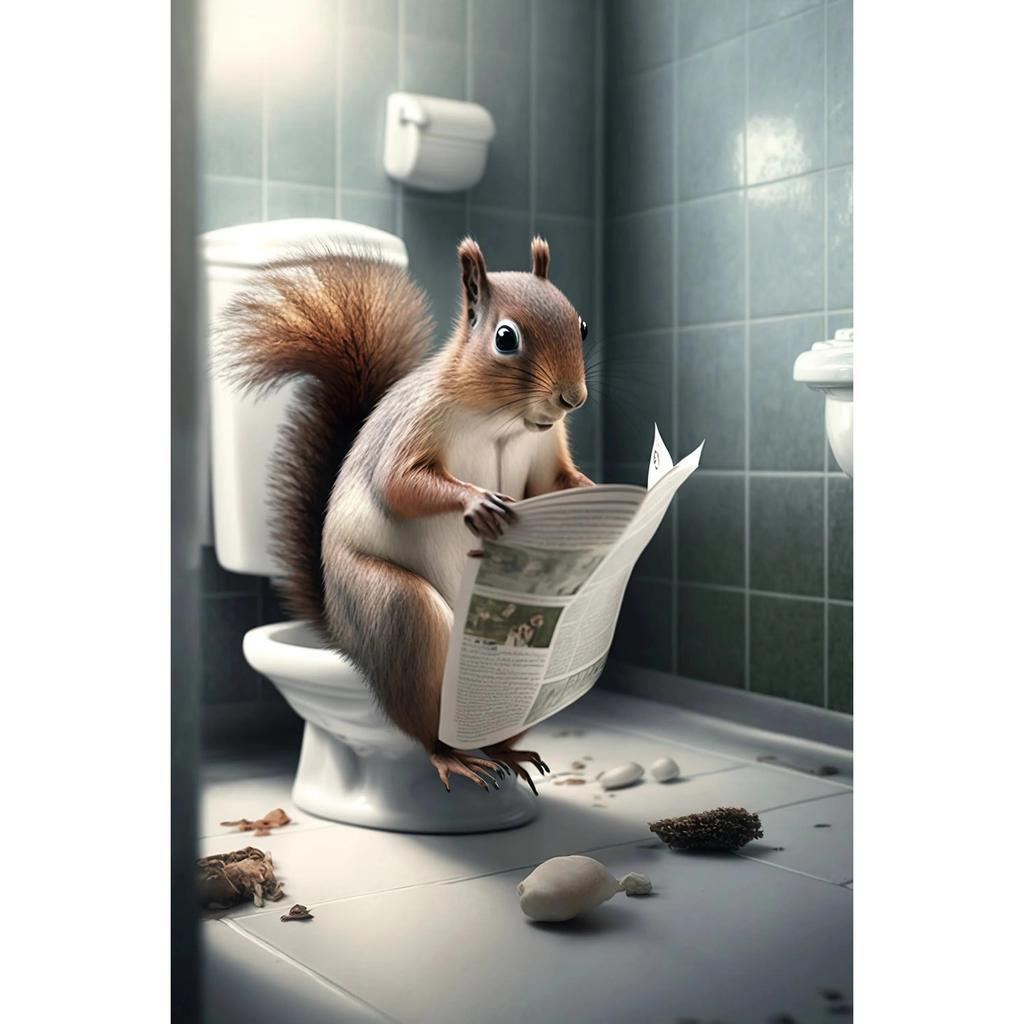 Funny Bathroom Humorous Animal Wall Canvas Paintings Decor Bear Dog Tiger Sitting On Toilet Reading Newspaper Poster Art Print