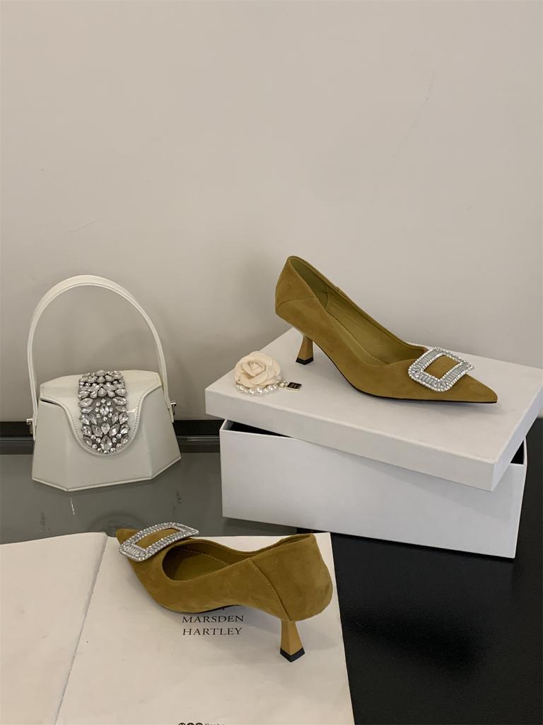 Pumps Light Luxury Square Buckle Low Heelshoeswomen'S Thin Heel Black Work Shoes Pointed Toe Spring Elegant Women'Sgoddessstyle