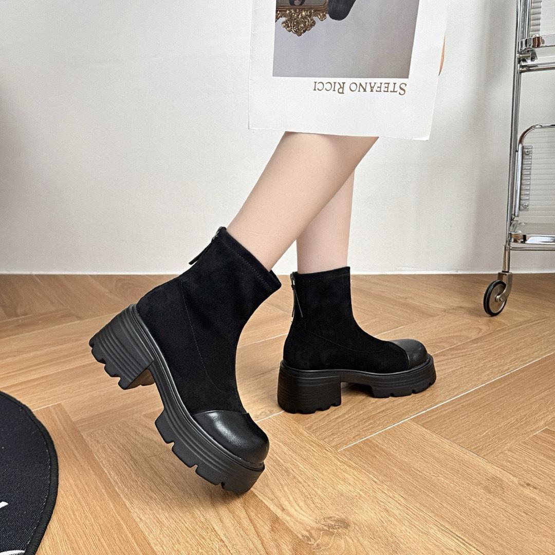 

Женские осенне-зимние новые ботинки на толстой подошве, тонкие ботильоны с круглым носком, на каблуке-маффин, на молнии, эластичные ботинки, модная обувь 40