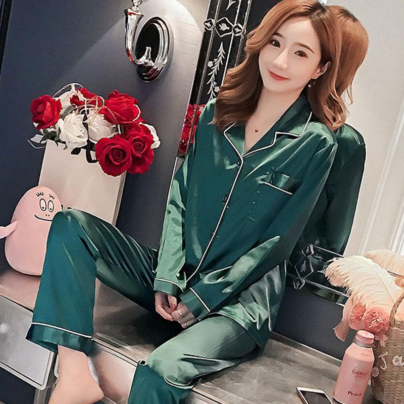 Solid color ice silk pajamas women's long-sleeved cardigan simulation silk spring summer loungewear women's autumn suit breathable
