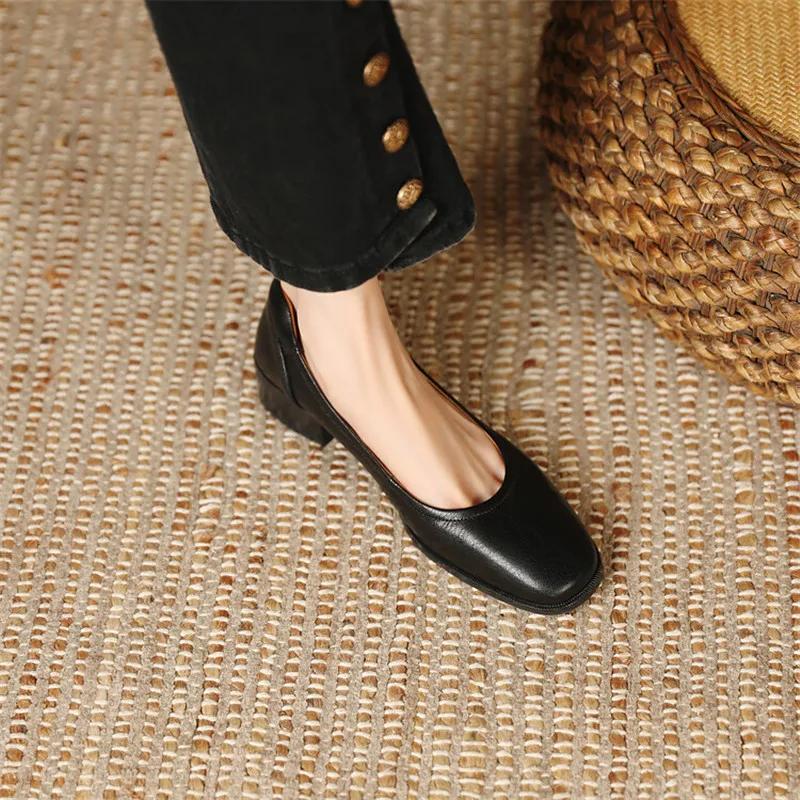 Fashion New Spring/Autumn Square Toe Women Pumps Chunky Heels Genuine Leather Loafers Shoes for Women Ladies Shoes Zapatos De Mujer