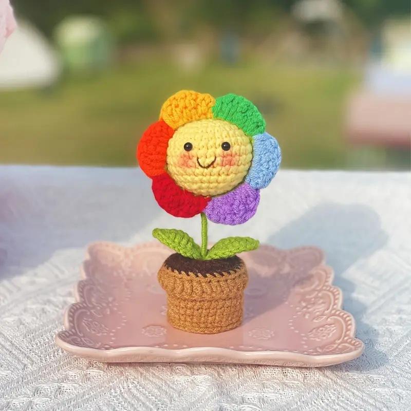 Cute Sunflower Pot Mini Handwoven Happy Sunflower Knitting Flower Desk Car Decoration Crochet Decor