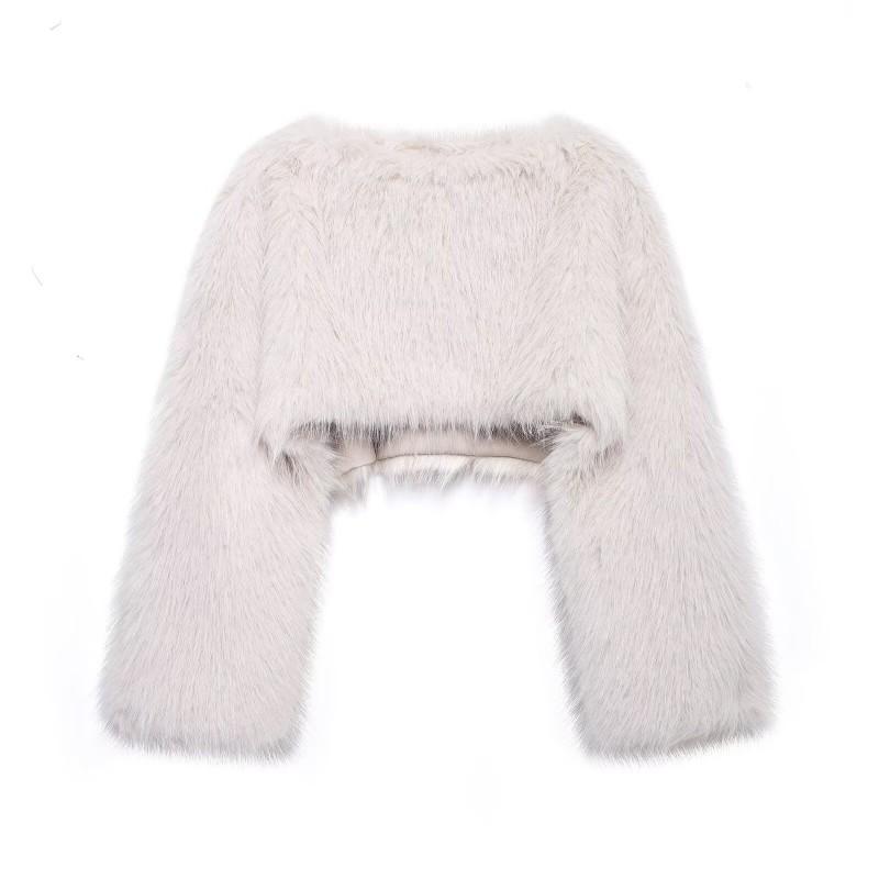 Eco-Friendly Faux Fur Short Coat Women Winter Streetwear Round Neck Long Sleeve Outerwear In Beige Black
