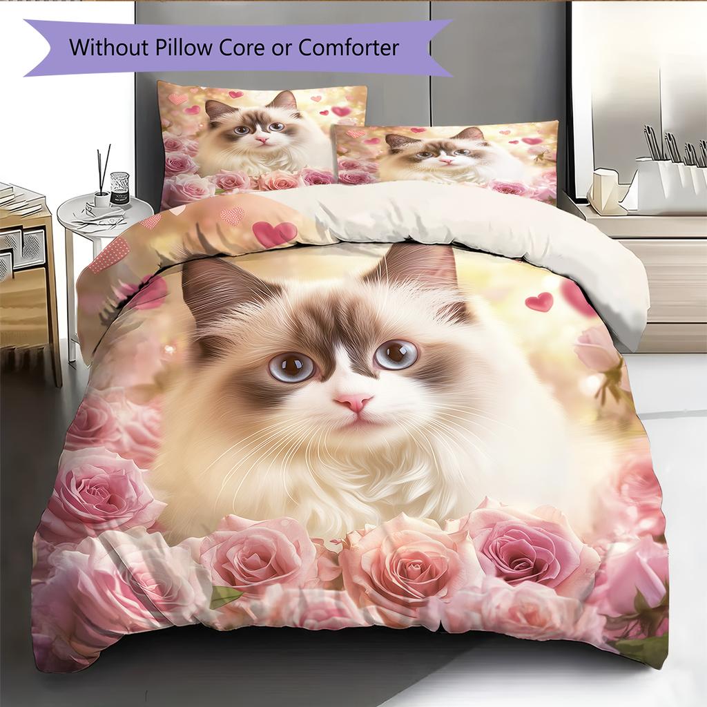 Ragdoll Cat and Fresh Flowers Pattern Bedding Home Decoration Birthday Gift (1 * Duvet Cover + 2 * Pillowcase, Without Core)