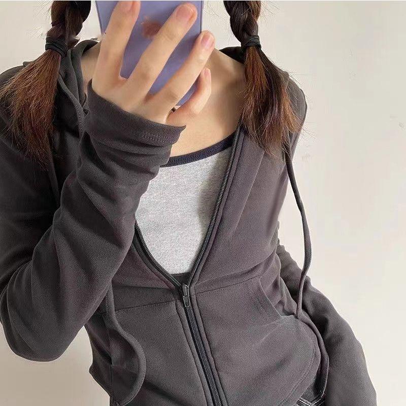 Spring Autumn Casual Fashion Solid Color Slim Cardigan Hoodies Women Street Style Drawstring Zipper Hooded Top