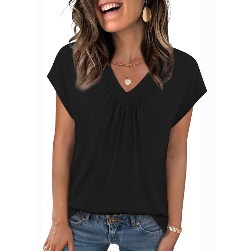 Women V Neck Pleated Short Sleeve Casual T-Shirt S