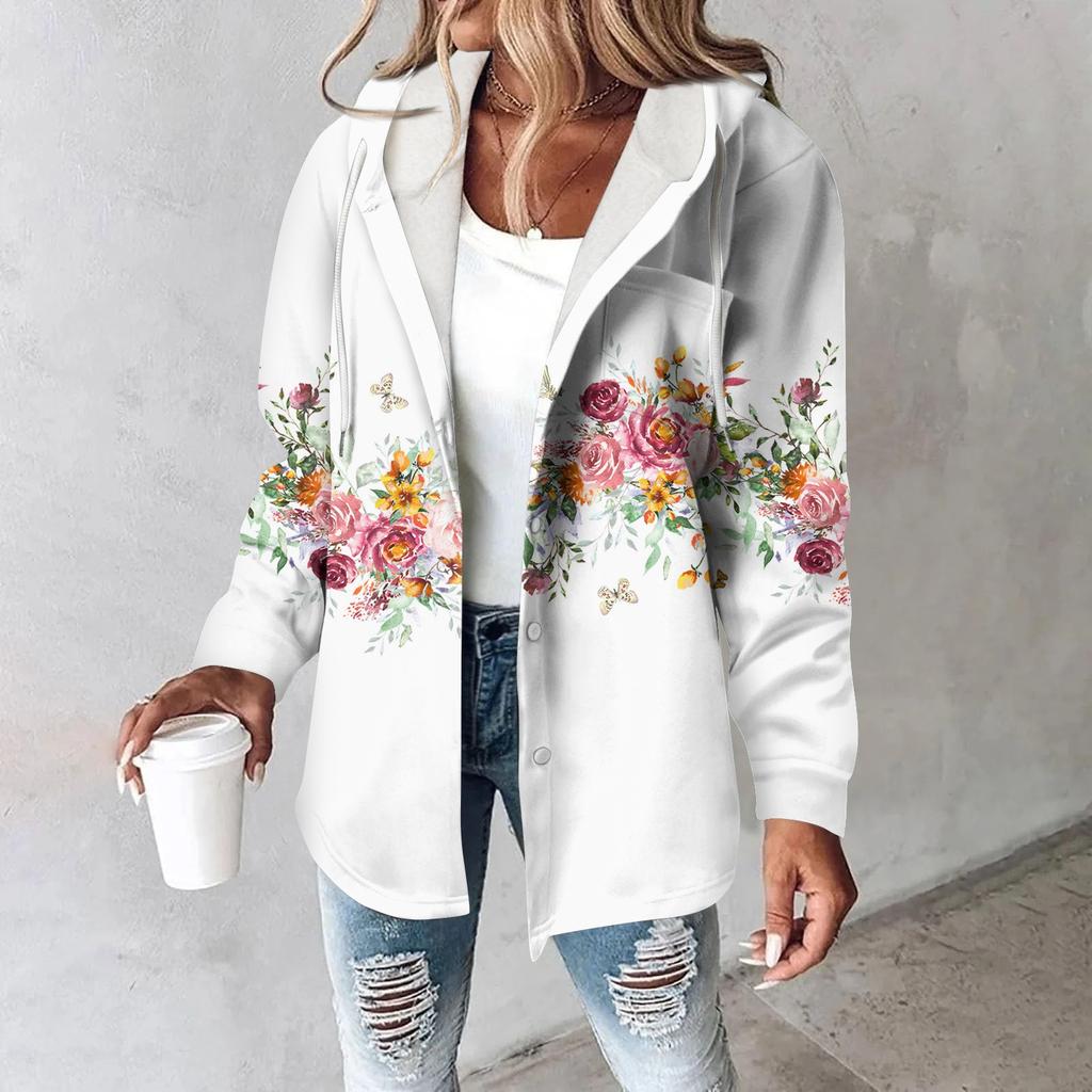 Sweat à capuche pour femme, sweat-shirt chaud d'hiver, bouton, cordon de serrage, veste imprimée, manteau