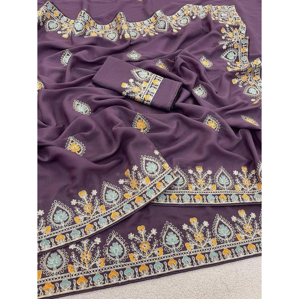 Pure  soft star Georgette silk fabric with thread work embroidered with piping border