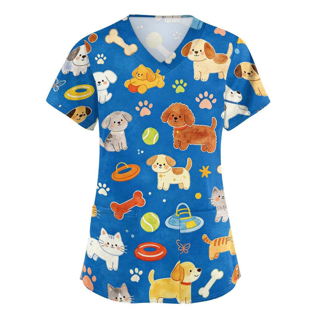 Women's V Neck Short Sleeve Work Top with Pockets Animal Print Medical Scrub Shirt for Caregivers Nurse Uniform