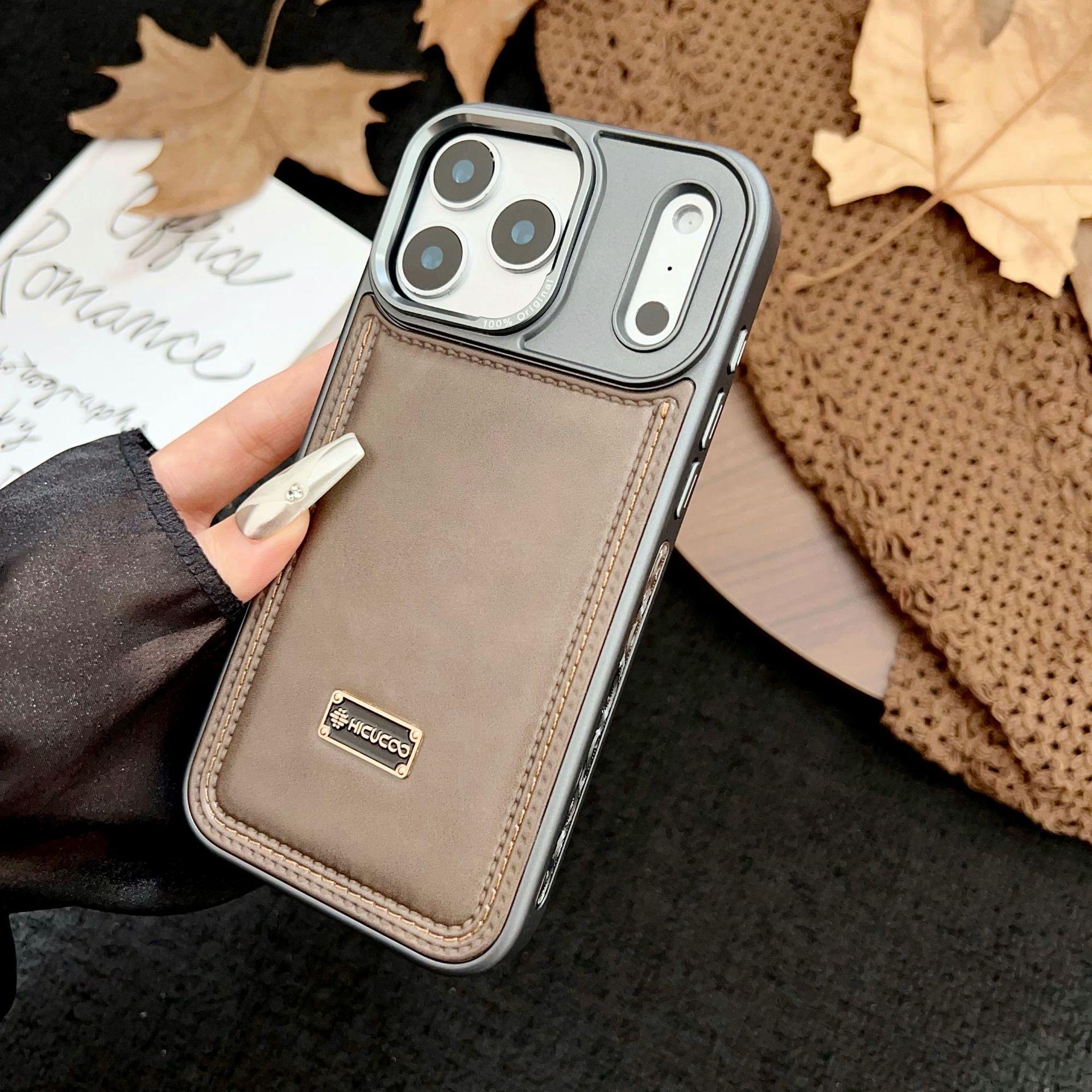 

High-end Cowhide Business Leather Case for iPhone 17 Pro Max 16 Plus 17 Air 16 15 14 13 Pro Plating Lens Stitching Phone Shell iPhone 13 Pro кавовий