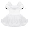 Girls Christmas Dance Dress Feather Trim Short Puff Sleeves Decorative Buttons Sequined Mesh Leotard Skating Costume