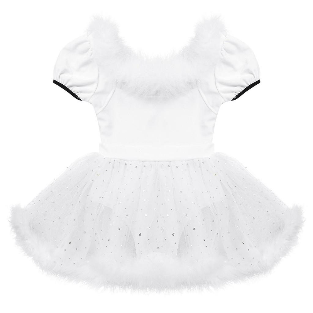 Girls Christmas Dance Dress Feather Trim Short Puff Sleeves Decorative Buttons Sequined Mesh Leotard Skating Costume