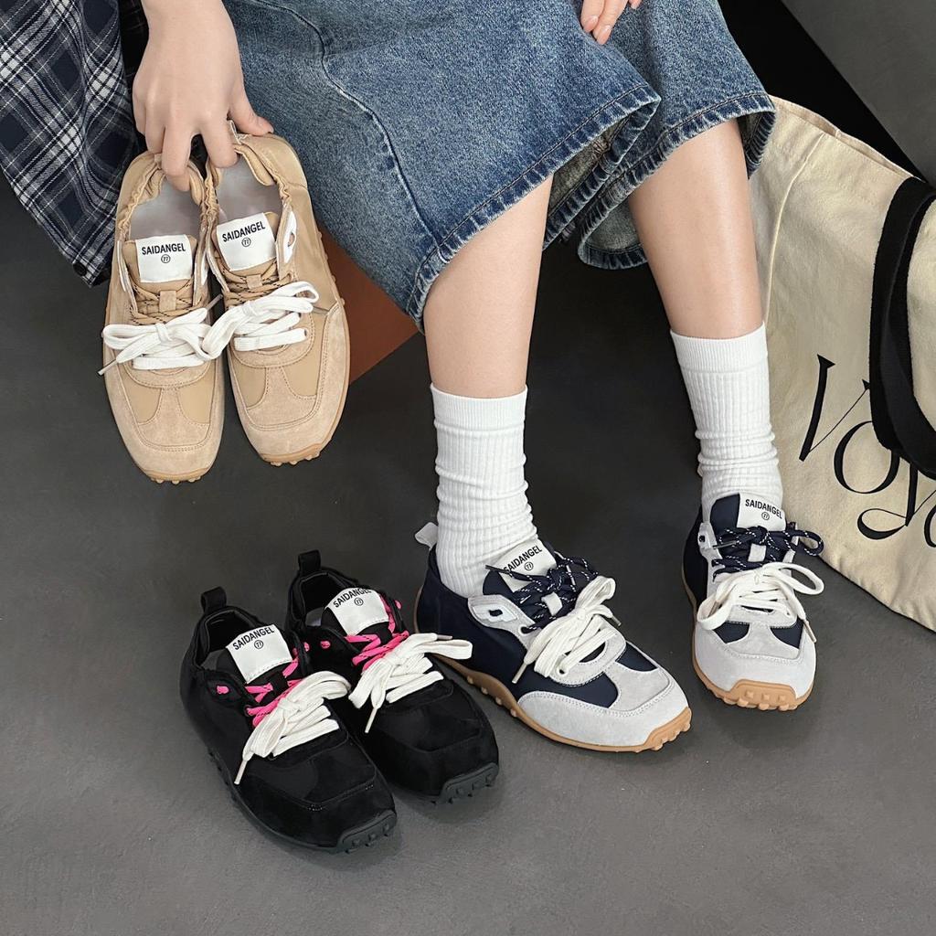 European Station 2025 Classic Color Matching Lace-up Flat-bottomed Fashion Training Shoes Ins Leather Versatile Casual Sports Shoes