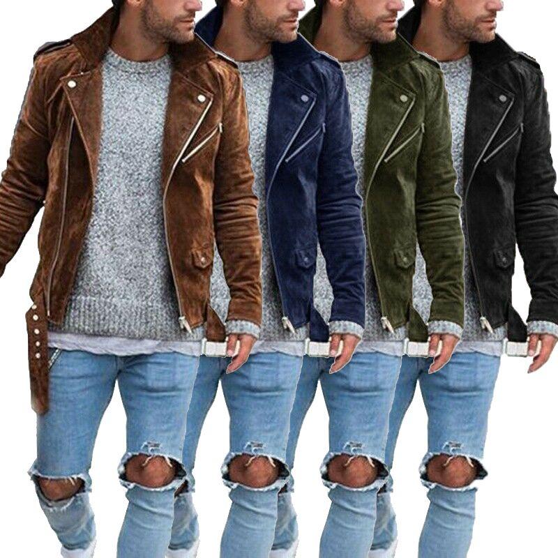 Men's Slim Faux Suede Leather Jacket With Lapel Collar And Zipper Closure For Autumn