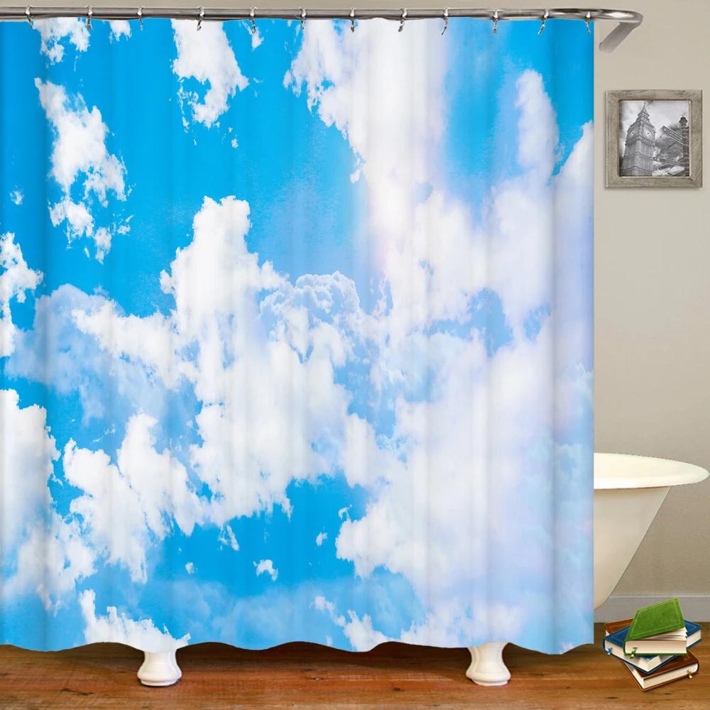 Natural landscape Blue Sky White Clouds Shower Curtains Bathroom Curtain Frabic Waterproof Polyester Bath Curtain with Hooks