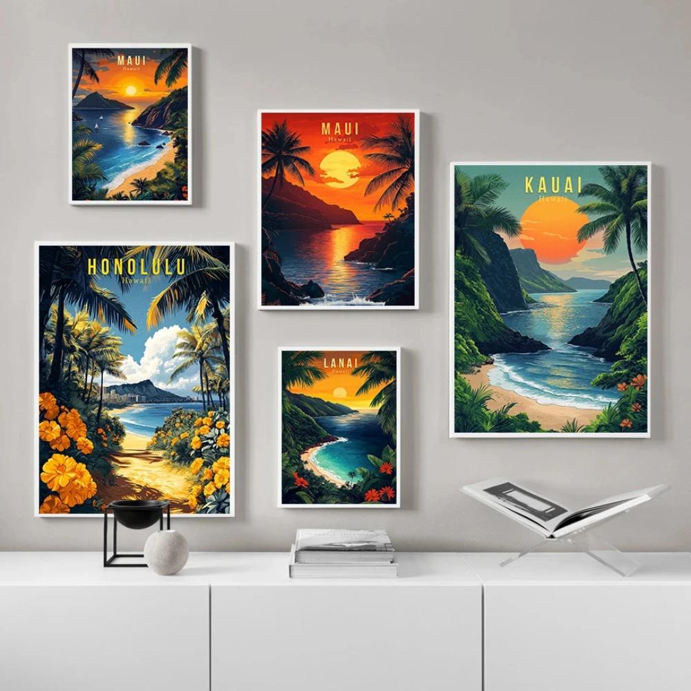 Hawaii Travel Posters Oahu Waikiki Sunset Vintage Tropical Prints Beach Ocean Canvas Painting Wall Art Pictures Home Room Decor
