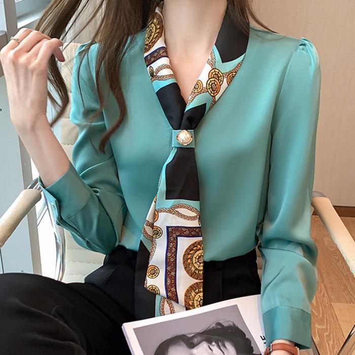 Chiffon Shirt for Women In Spring and Autumn Fashionable Streamers Design Niche Satin Shirt Temperament Long-sleeved Top