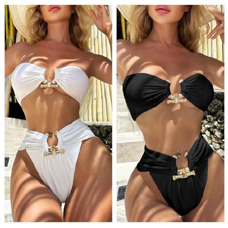 Elegant High Waist Bathing Suit with Unique Metal Detail for Fashion Forward Women Lightweight Beach Swimwear