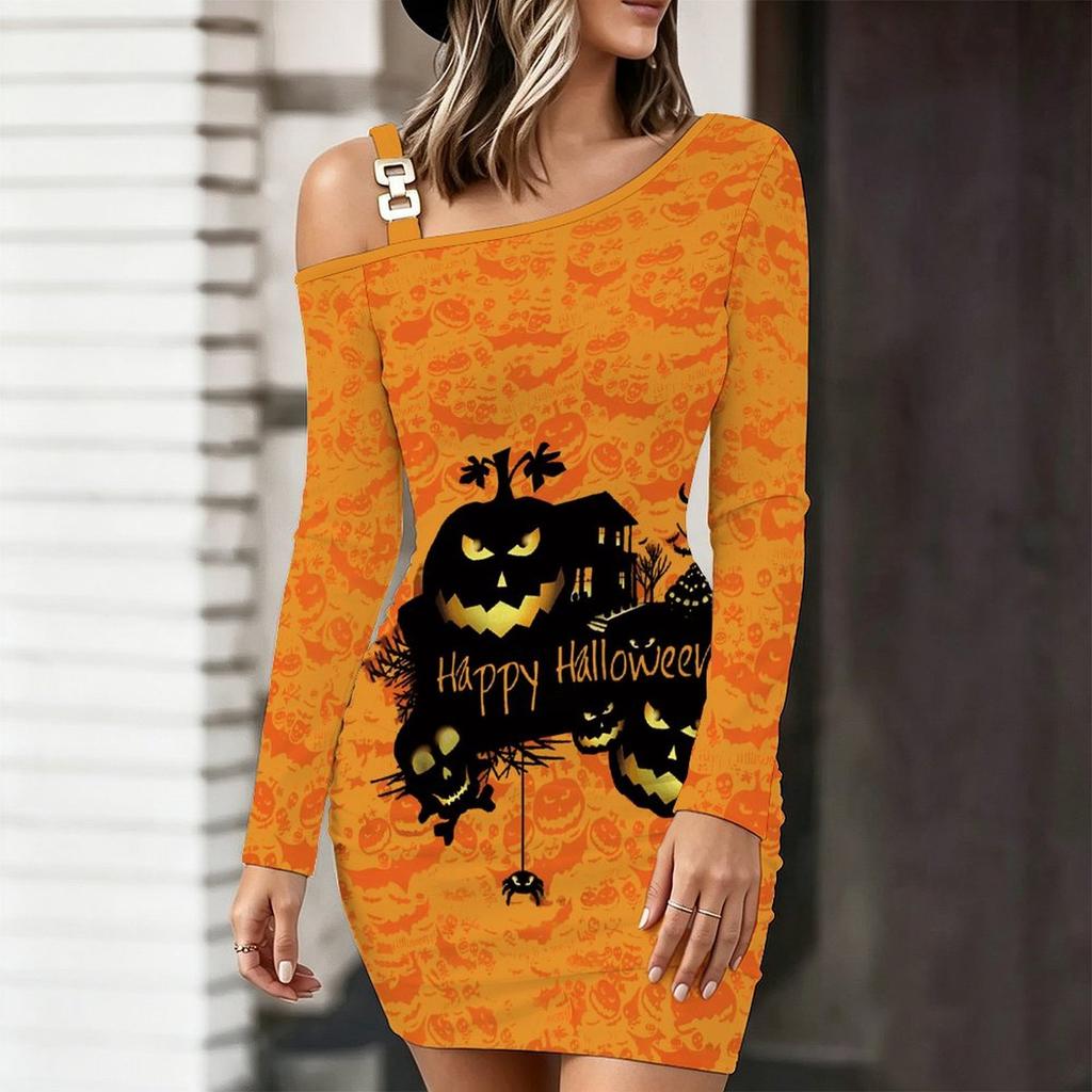 Women's One Shoulder Long Sleeve Bodycon Mini Dress, Skeleton Print Ruched Slim Fitting Party Dress