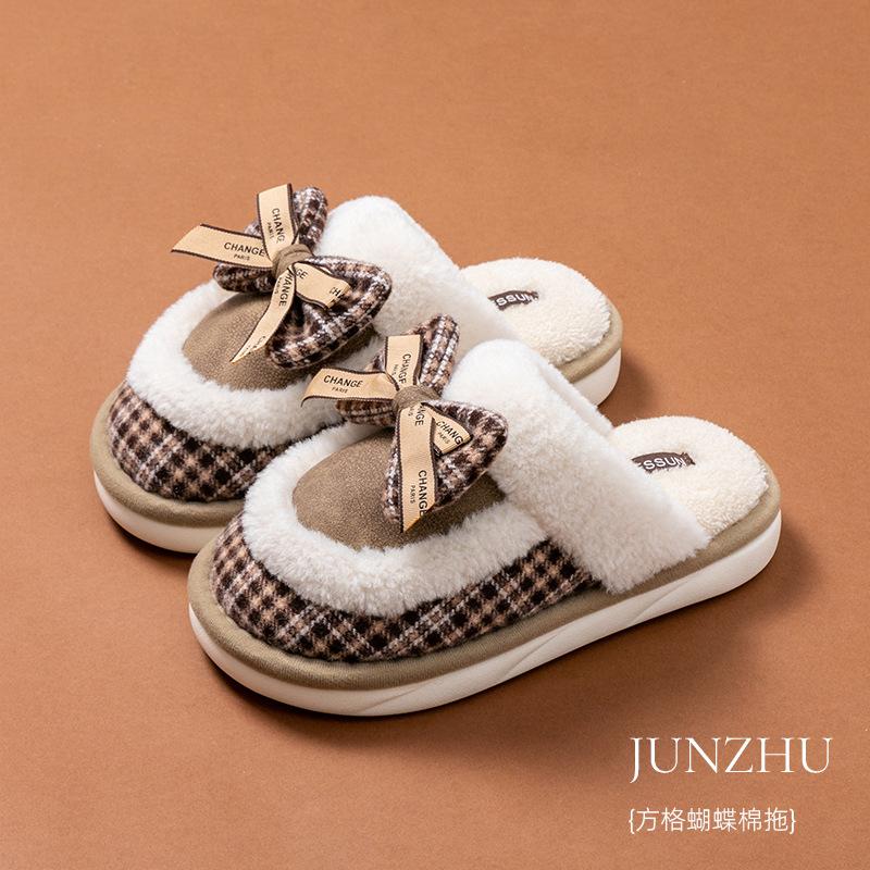 

New winter warm women s bow cotton slippers warm and non-slip indoor home thick-bottomed fluffy slippers 40-41