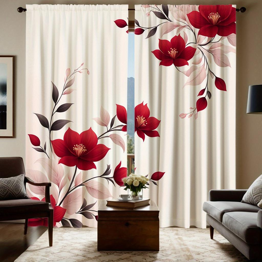 Gorgeous red floral print curtains, polyester fabric, machine washable, suitable for living room and bedroom decoration