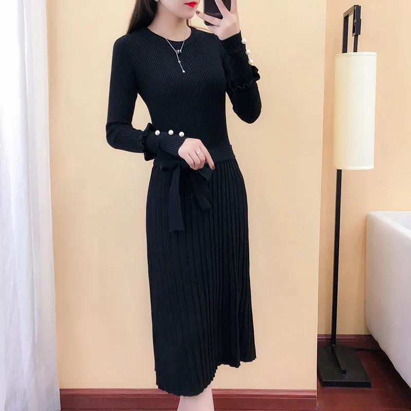 Pull d'automne pour femmes Robe slim couleur unie Élégantes robes tricotées mi-longues