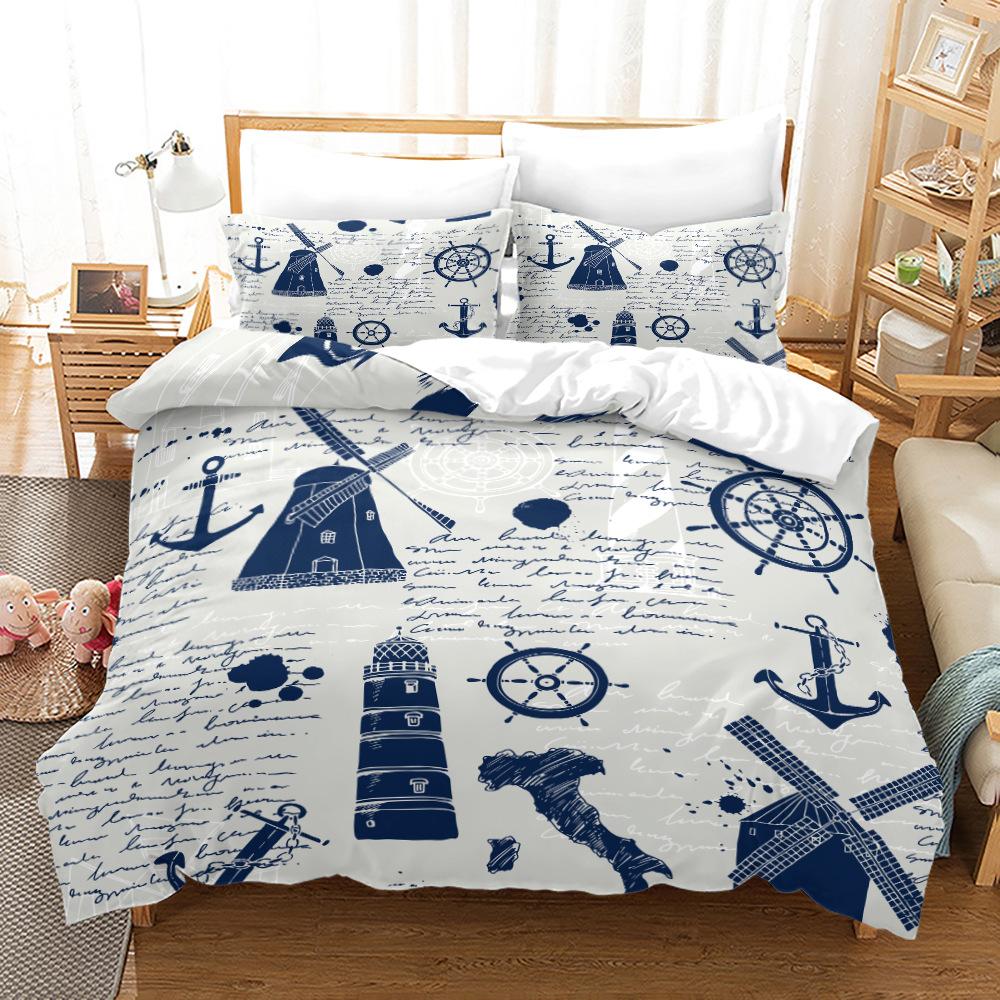 3D Printed Ship Anchor Bedding Set, Sailing Themed Down Duvet Cover, Pillowcase 2/3 Pieces, Boys Room Full Size Quick Drying Quilt Cover
