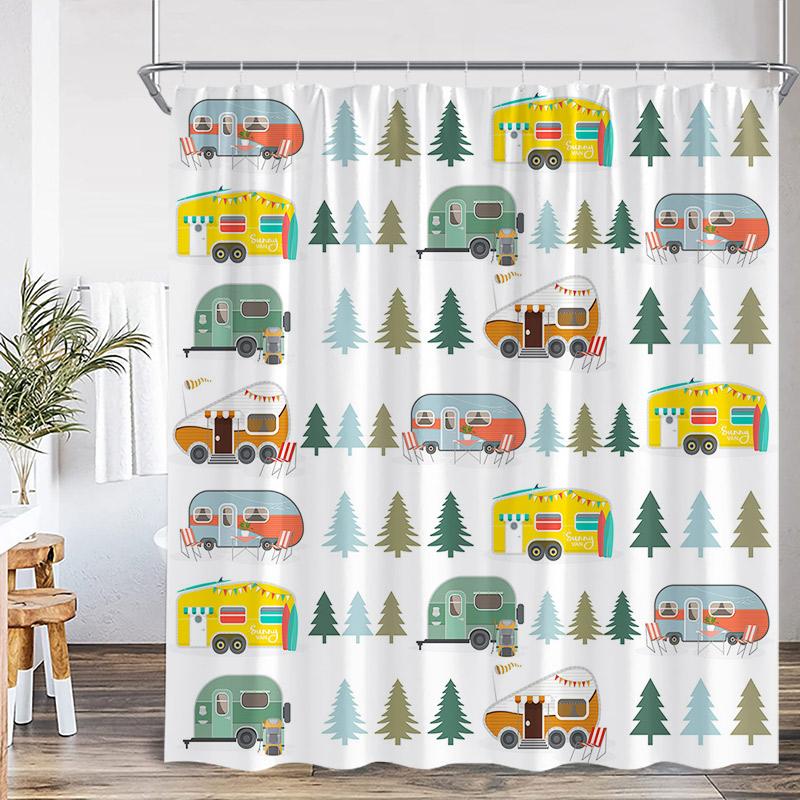 Vintage Camping Shower Curtains Abstract Mountain Camper Forest Scenery Polyester Fabric Home Bathroom Curtain Decor with Hooks