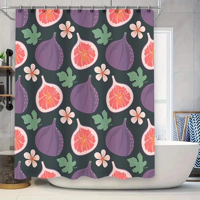 Fig Leaf Pattern Shower Curtain with Fig Fruit Floral Design Dark Green Purple Colors for Bathrooms Decor W90xH180cm