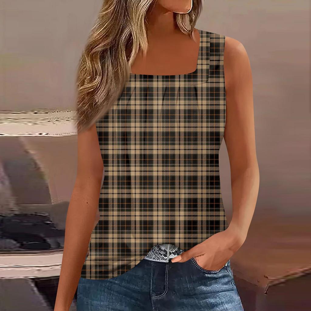 Women's Summer Casual Pleated Square Neck Sleeveless Tank Top Printed T-Shirt