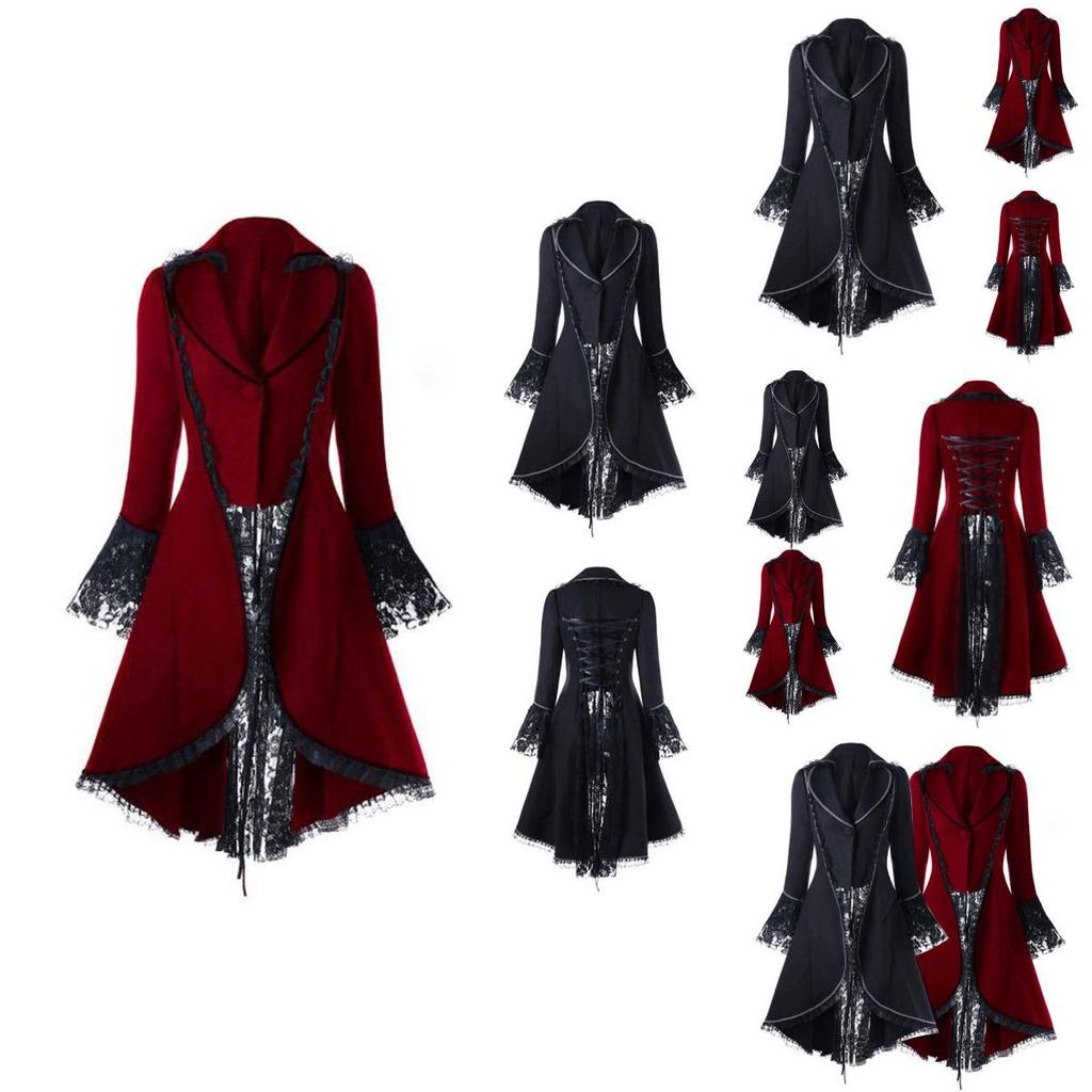 Women's Victorian Style Long Sleeve Coat Dress With Turn-down Collar And Button Opening Front