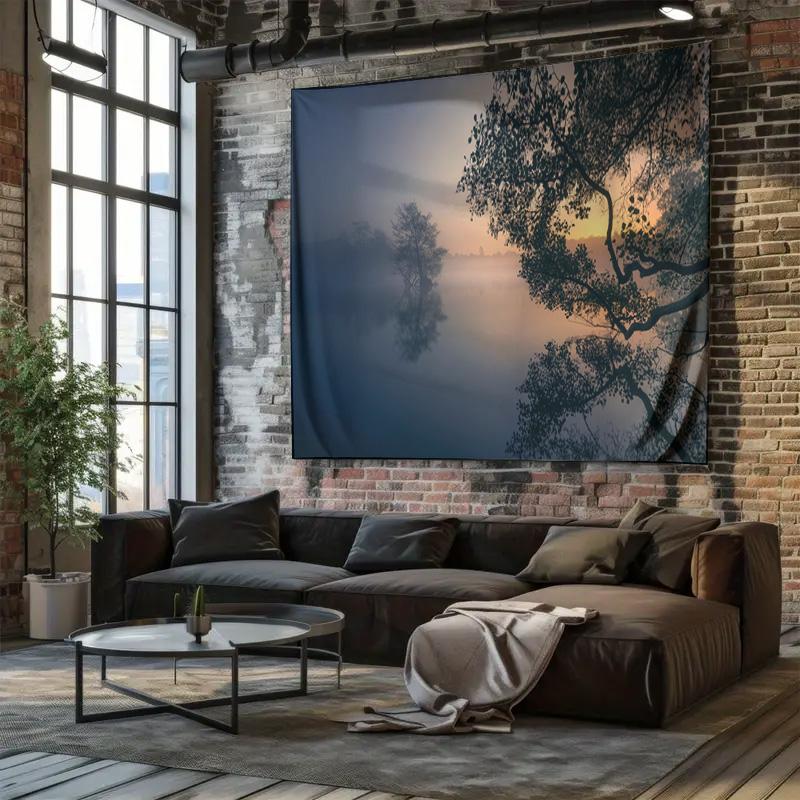 Morning Mist and Lakeside Shadows Hanging Cloth  Romantic Natural Landscape Decorative Fabric Tapestry