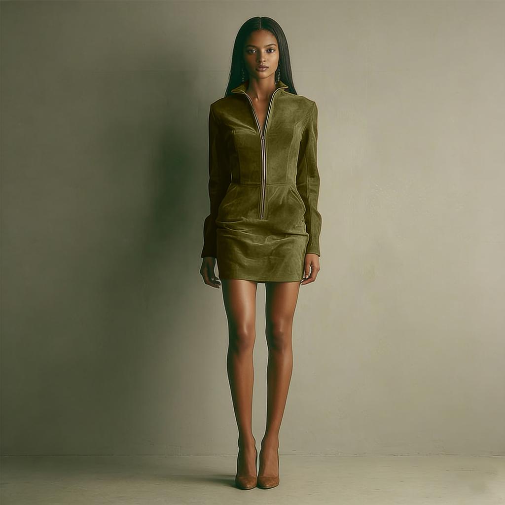 Women's Color Suede Zipper Pocket Long Sleeved Stand Up Collar Dress