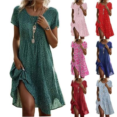 Φόρεμα Boho με κοντό μανίκι για γυναίκες, casual, χαλαρή εφαρμογή, καλοκαιρινό φόρεμα με φλοράλ print και τσέπες