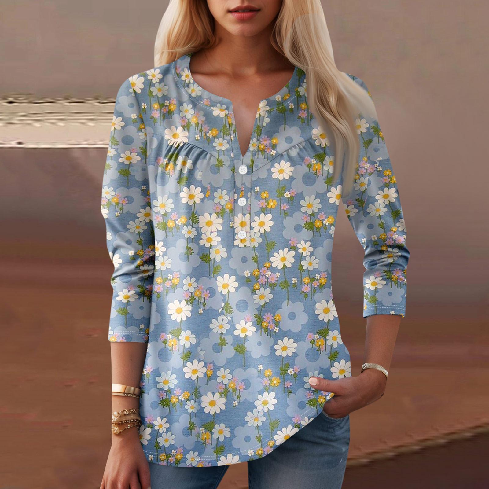 

Женская мода повседневная три четверти рукав V-образный вырез цветочный принт топ XL