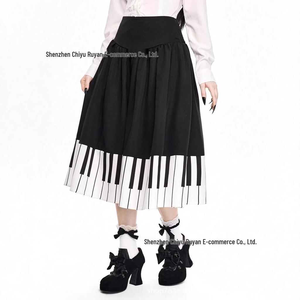 European & American Women's Retro Piano-Pattern High Waist Pleated Skirt - Black & White Short Slimming Design for Summer.