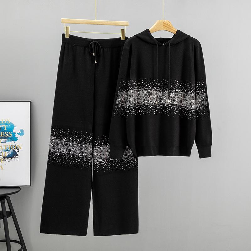 "Full Sky Star Heavy Industry Hot Diamond Fashionable Hooded Knitted Set for Women's Autumn New Two-piece Sporty and Casual Set.