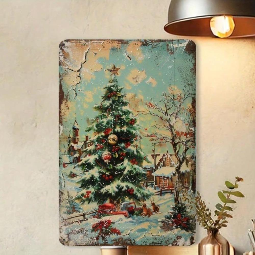 2D Vintage Christmas Tree Snow Village Metal Tin Sign 8x12 Inch Holiday Wall Decor Aluminum Craft Pre Drilled Holes For Home Bar Cafe Garage