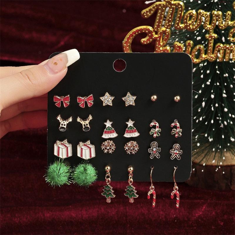 24Pcs Christmas Earrings Set For Women Small Shiny Zircon Xmas Tree Santa Claus Snowflake Earring Party Jewelry Accessories Gift
