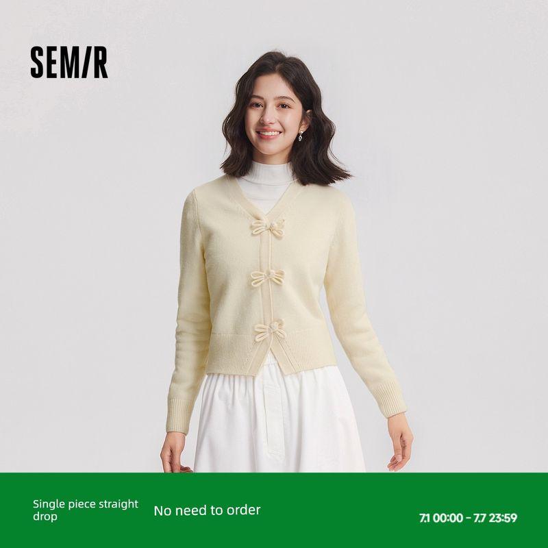 

Senma Knitting Cardigan Female Bows Buckle Sweet National Style 2024 Winter New Arrival Gentle V Neck Tops Girlish Style White 00311 175/96A/XXL