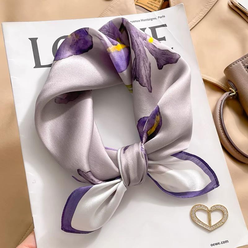 Dámský béžový hedvábný šátek - 53 cm Korejský styl Tištěný čtverec, 100% morušové hedvábí na jaro/léto