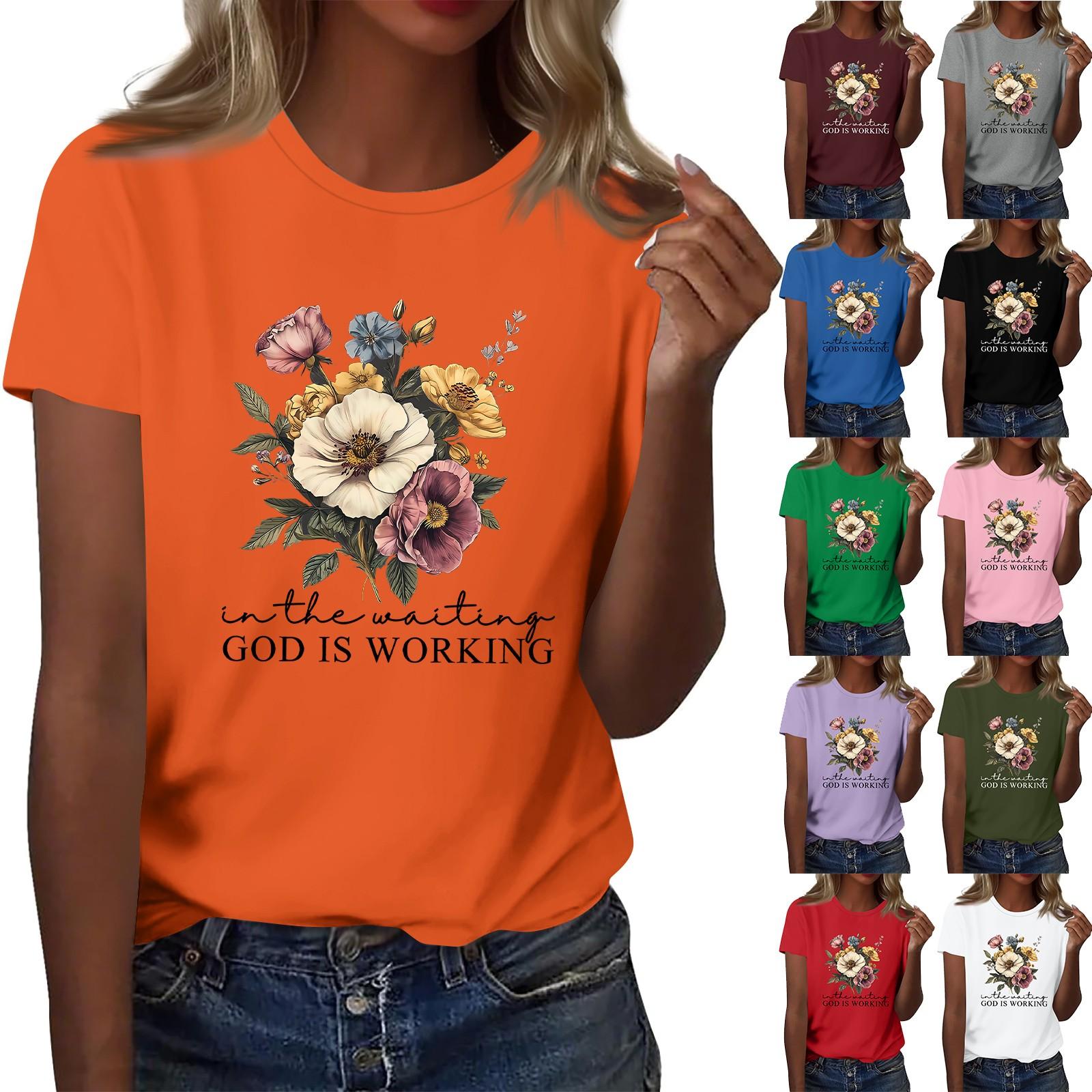 

Ladies Loose Comfortable Casual Fashionable Plant Flower Printed Round Neck Short Sleeved Shirt XL білий