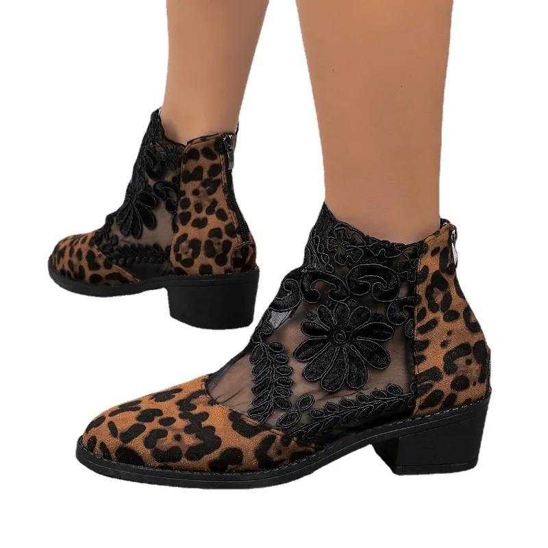 Ladies Shoes 2024 Fashion Sandals Women's Boots Leopard Ankle Boots Women Lace Floral Round Toe Square Heel Back Zip Shoes Women
