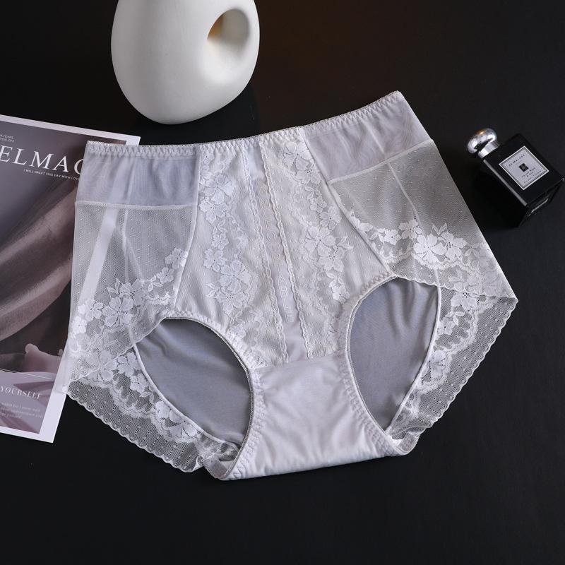 Women's Summer New Chinese Light Luxury Sexy Satin Soft Lace Traceless Breathable Mid Waist Panties