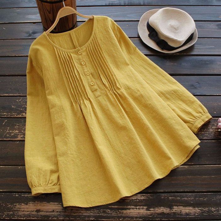 Loose Cotton and Linen Long Sleeved Women's Round Neck Women's Shirt