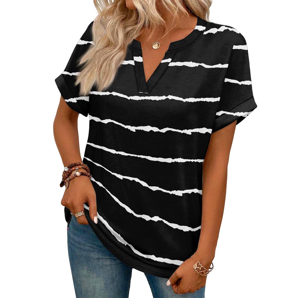 Stylish Women's Casual V-neck Short-sleeved Striped Plaid Print T-shirt