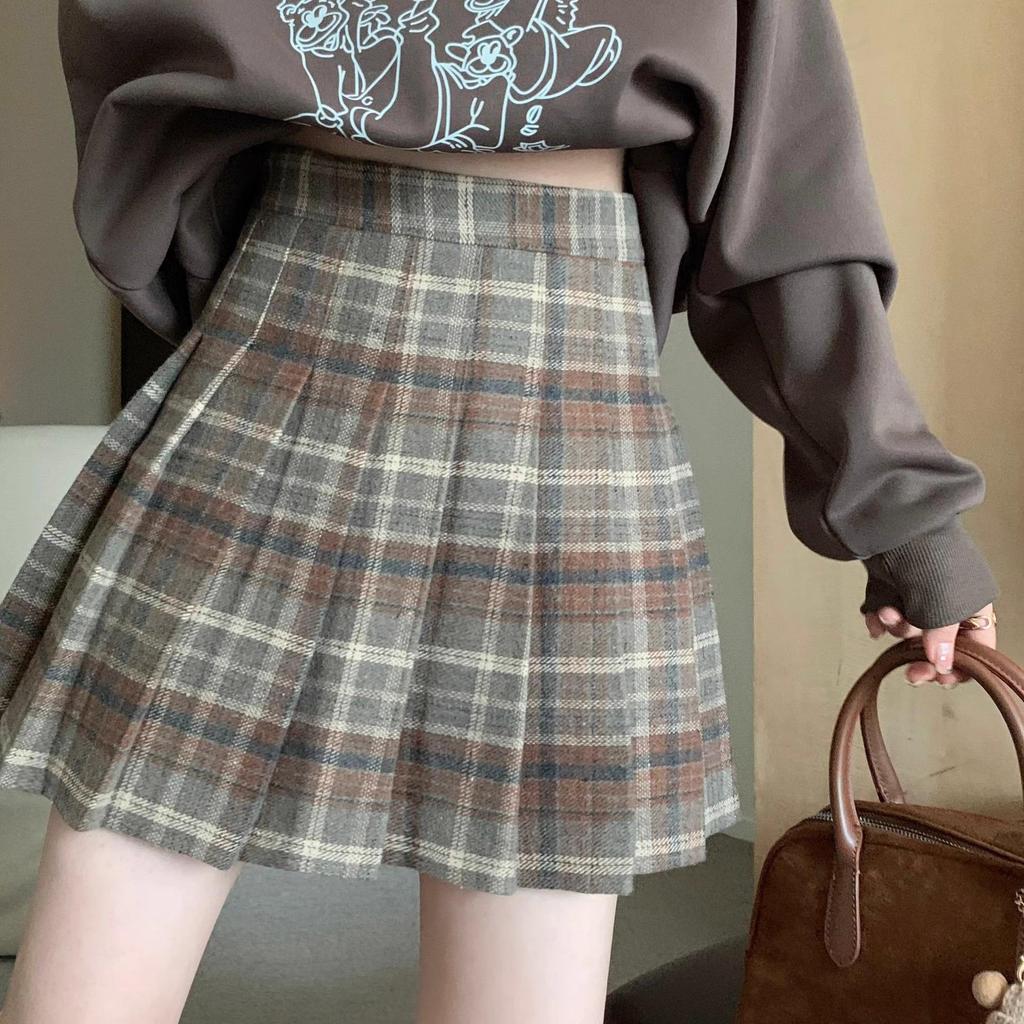 Petite High Waist A-Line Retro Plaid Wool Blend Skirt - Thickened Coffee Color for Autumn/Winter 2025