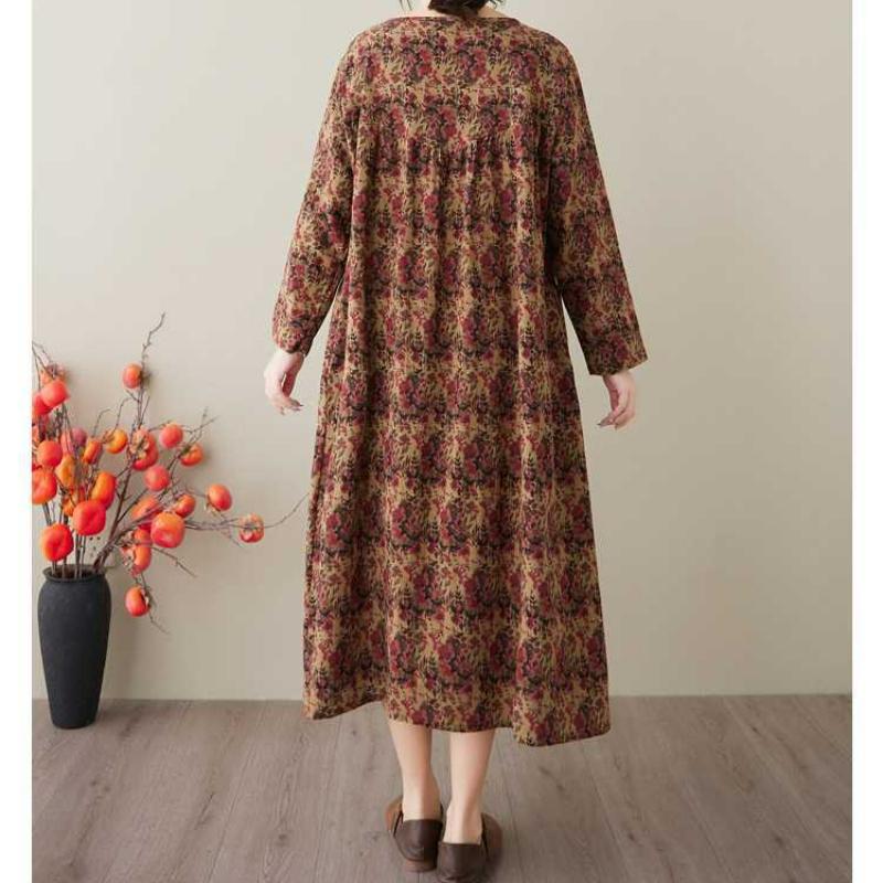 Spring and Summer New Vintage Cotton-Linen Round-neck Floral Pockets Long-Sleeved Dress for Women Loose Fit for Slimming - A-Line Skirt